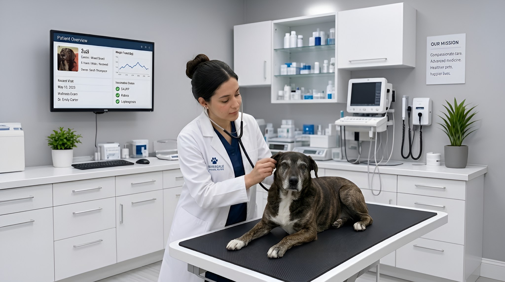 A veterinarian listening to a dog's chest with a stethoscope on an exam table, with the animal's patient record on a wall screen